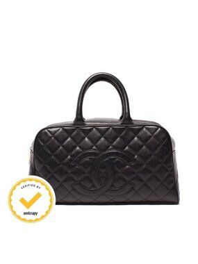 Chanel Mini Boston Bag Handbag Quilted Caviar Leather Gold Hardware